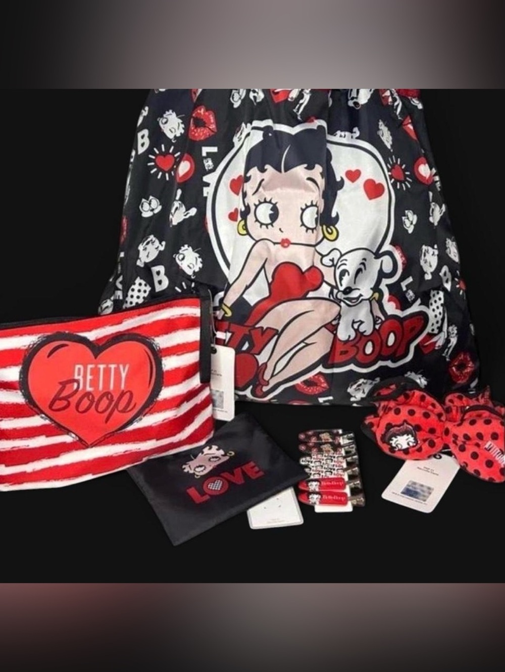 Betty Boop Black, Red & White Graphic Tote with Matching Heart Stripe Pouch